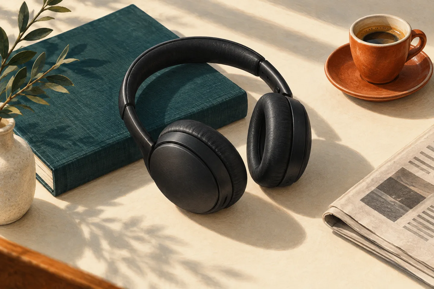Ilustración de auriculares sobre una mesa de lectura