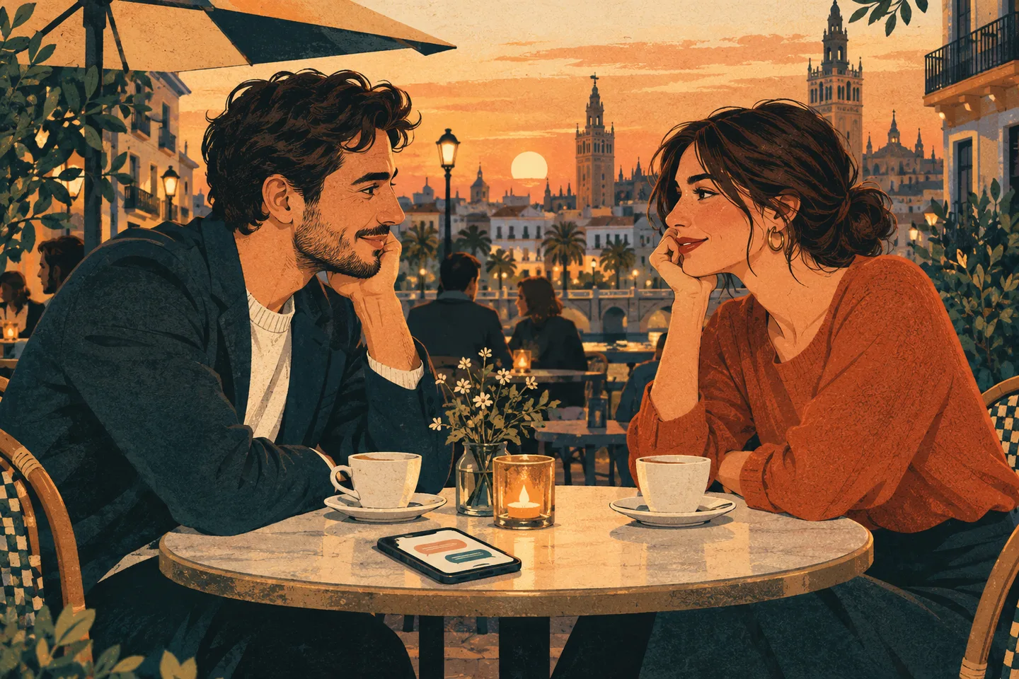 Ilustración de dos adultos conversando en una terraza al atardecer