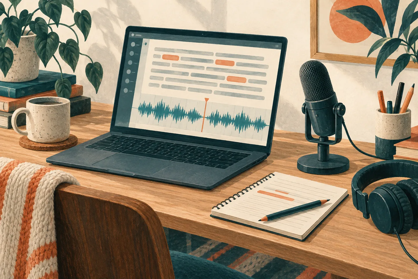 Ilustración conceptual de edición de sonido y texto