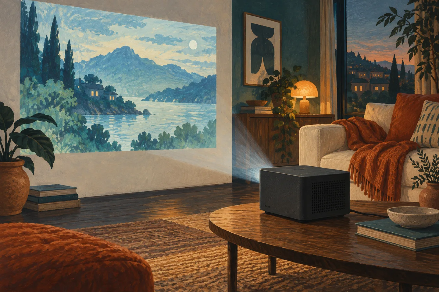 Ilustración de un proyector en un salón al anochecer